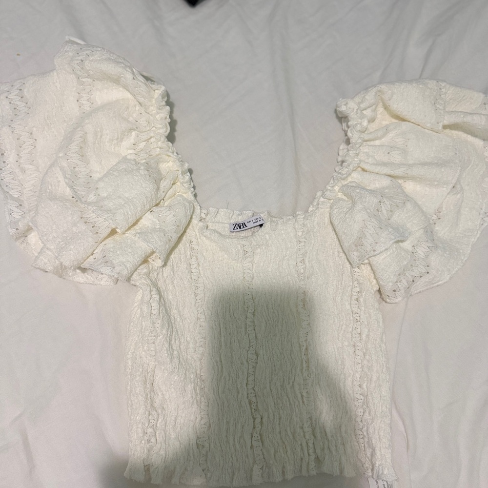 Zara Cream Textured Ruffle Blouse
